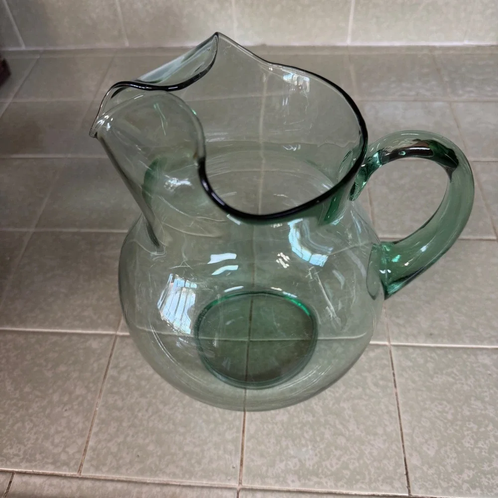 Vintage Sage Green Glass Pitcher Round Hand Blown Water Carafe with Handle 9